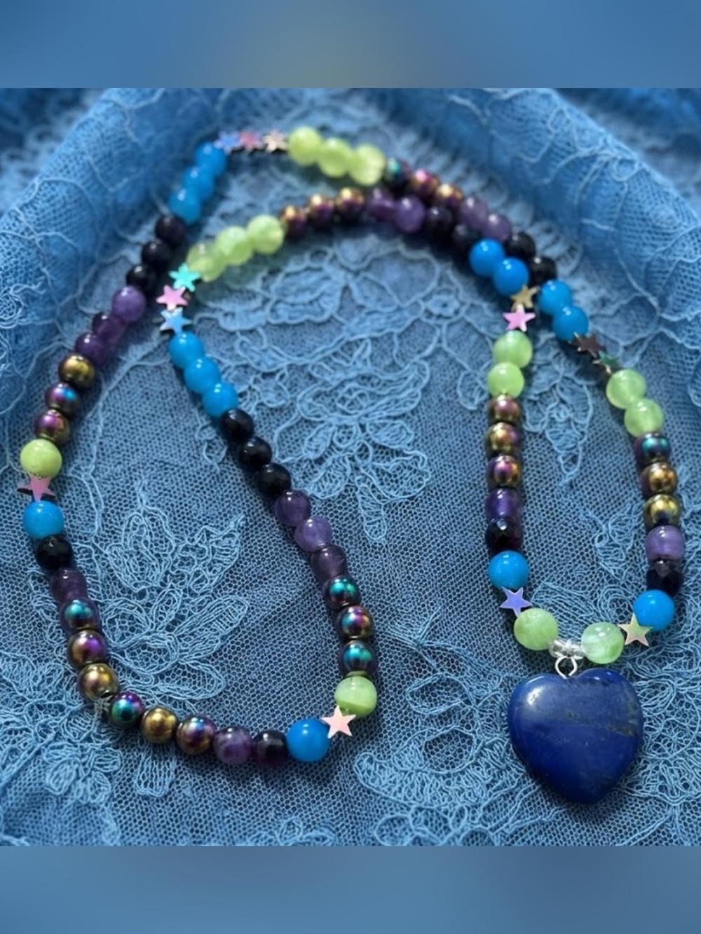 Neon Monsters Necklace (Lime Jade, Amethyst, Blue Jelly Glass, Lapis Lazuli)